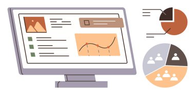 Bilgisayar monitörü, analiz arayüzünü grafikler ve raporlarla gösteriyor. Takım ile ilgili veri noktalarının yanında turta ve çizgi gösterimleri. Veri analizi ve iş yönetimi için ideal
