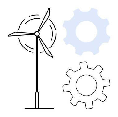 Rüzgar türbini güç üretiyor. İşbirliği, yenilik ve yenilenebilir enerjiyi temsil eden iki vites. Enerji çözümleri, teknoloji, sürdürülebilirlik, yeşil güç, mühendislik ve sanayi için ideal