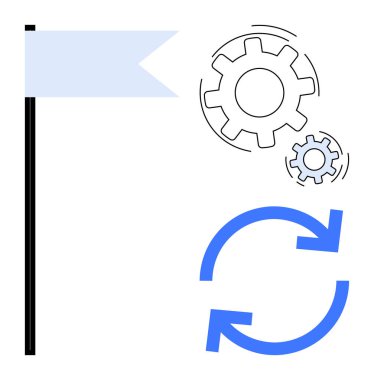 Bayrak, birbirine bağlı vitesler ve dairesel tazeleme okları hedef ayarlama, işlem optimizasyonu ve iş akışı iyileştirmesini temsil etmektedir. Üretkenlik, takım çalışması, yenilik, planlama ve başarı için ideal