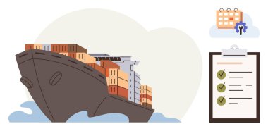 Kargo gemisi durgun suda konteynırlarla dolu yeşil işaretli kontrol listesi, ayarlı ekipmanlı takvim. Lojistik, tedarik zinciri, planlama, nakliye, ticaret, organizasyon için ideal