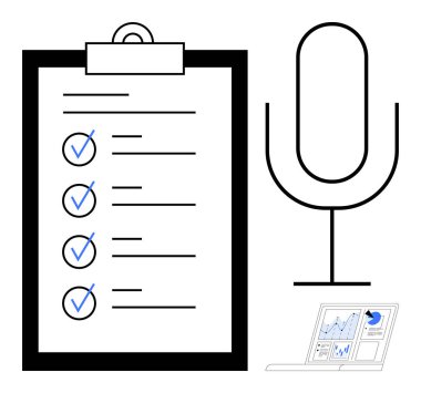 Kontrol işaretleri, mikrofon ve grafik ve çizelgeleri gösteren dizüstü bilgisayarlı kontrol listesi. Üretkenlik, planlama, iletişim, analitik, organizasyon, araştırma raporlaması için ideal basit düz metafor