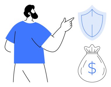 Kalkan ve para çantasına işaret eden kişi sigorta, tasarruf, güvenlik, yatırım, finansal planlama, zenginlik yönetimi ve güvenli geleceği sembolize ediyor. Finans ve koruma sektörü için ideal