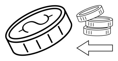 Oklu sikkeler para akışını, tasarrufu, geliri ve yatırımı simgeliyor. Finans, bütçe, büyüme, ticaret ekonomisi iş stratejisi temaları için idealdir. Basit düz metafor