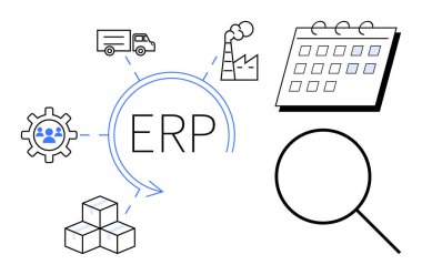 Ekipman, fabrika, kamyon, takvim, büyüteç ve istiflenmiş kutularla ERP işlem şeması. Kaynak yönetimi, lojistik envanter envanter analizi iş tedarik zinciri için idealdir. Basit.