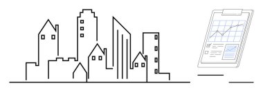Grafikleri ve istatistikleri gösteren pano çizelgesi olan çeşitli modern binaların olduğu şehir silüeti. Ticari büyüme, kentsel kalkınma, gayrimenkul, mimari, analiz, strateji, basit