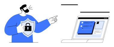 Kilit sembollü bir kalkan tutan kişi veri arayüzlü bir dizüstü bilgisayarı işaret ediyor. Siber güvenlik, veri koruması, çevrimiçi güvenlik, güvenli giriş, bilişim danışmanlığı, dijital güvenlik için ideal