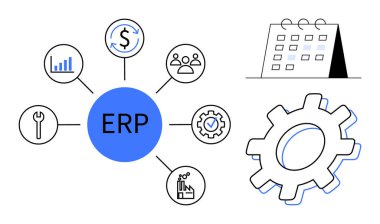 ERP sistemi finans, analitik, planlama, araçlar, takım çalışması ve üretkenlik simgeleriyle merkezileştirilmiştir. İşlem optimizasyonu, kaynak yönetimi, maliyet denetimi iş akışı için ideal