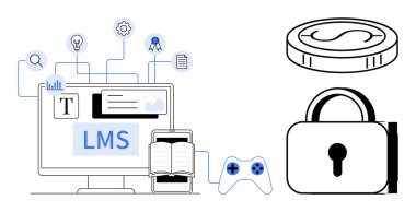 LMS, kitap, oyun kumandası, dijital para, güvenli kilit ve bağlantılı unsurlarla bilgisayar ekranı. E-öğrenim, teknoloji, yenilik güvenlik gamifikasyon eğitim verileri için idealdir.