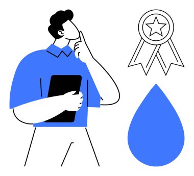 Tableti özenle tutan adam, mükemmelliği simgeleyen yıldızlı madalya, saflığı temsil eden su damlası. Sorun çözme, yansıtma, karar verme, yenilik ve yaratıcılık için ideal