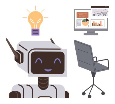 Başının üstünde ampulü, ofis sandalyesi, çizelgesi ve verisi olan dost canlısı bir robot. Yenilik için ideal, yapay zeka, iş çözümleri, teknoloji, verimlilik takım çalışması verimliliği. Basit düz