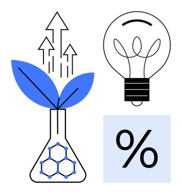 Yüksek teknoloji desenli bir laboratuvar şişesinden çıkan bitki, fikirleri, enerjiyi ve yüzde işaretini sembolize eden ampul. Yenilik, araştırma, sürdürülebilirlik, eğitim, yaratıcılık ve ilerleme için ideal