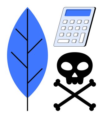 Mavi şekillendirilmiş yaprak, hesap makinesi ve çapraz kemikli kafatası doğayı, hesaplamayı ve tehlikeyi çağrıştırıyor. Ekoloji, ekonomi, zehirlenme riski ölüm uyarısı ve sürdürülebilirlik temaları için idealdir. Basit düz
