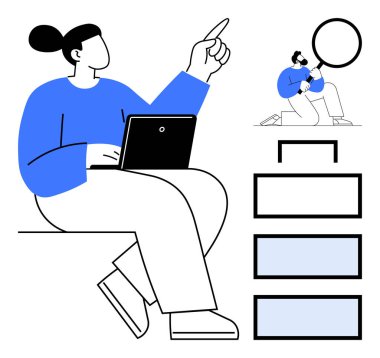 Katmanlı hiyerarşi ve takım arkadaşı büyüteçle incelerken dizüstü bilgisayar jestleri yapan kişi düşünceli davranır. Takım çalışması, araştırma, analiz, veri, organizasyon, strateji ve ilerleme için ideal. Basit.