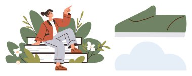 Sıradan giyinmiş bir kadın, bitkilerle çevrili bir bankta oturur ve kendine güvenle yukarıya bakar. Yakınlarda, yeşil bir ayakkabı ve bulut hareket ve yaratıcılığı işaret ediyor. Büyümek için ideal, boş zaman, açık hava