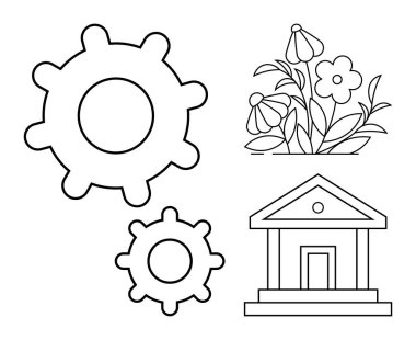 Dişliler birbirine kenetleniyor, çiçek açıyor ve klasik bir bina tasarımı. Büyüme, takım çalışması, ilerleme, yenilik, istikrar sürdürülebilirliği ve kurumsal kavramlar için idealdir. Basit düz metafor