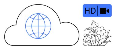 Küre ikonlu bulut, HD video sembolü ve çiçek elementi. Dijital depolama, akış, küresel bağlantı, sürdürülebilirlik, çevreci paylaşım teknolojisi için ideal. Basit.