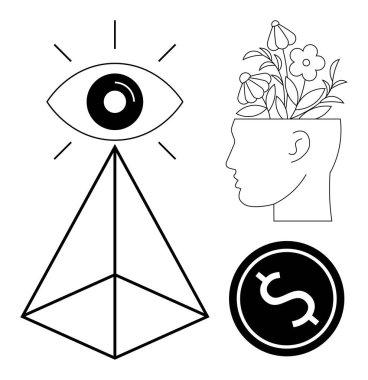 Piramidin üstündeki göz, çiçek açan kafa ve para ikonu içgörü, büyüme, yaratıcılık ve zenginliği temsil ediyor. Yenilik, farkındalık finansal hedefler kişisel başarı ve refah için idealdir. A