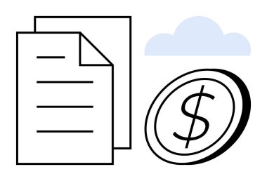 Belge belgeleri, finansmanı temsil eden bir madeni para ve depolama için depolama teması için bir bulut bütçe, tasarruf, dijital finans, işlemler, veri yönetimi, bulut teknolojisi ve mali güvenlik temaları