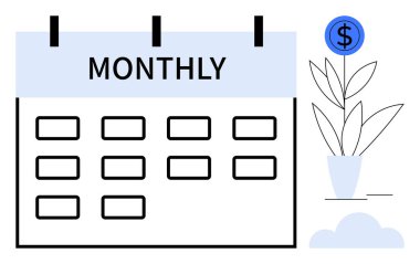 Bir dolar ikonu ile kaplı bir saksı bitkisinin yanındaki takvim, mali planlama, bütçe, tasarruf, yatırım, büyüme, gelir ve istikrarı sembolize ediyor. Basit düz metafor