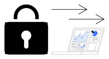 Analitik çizelge ve grafikleri gösteren bir dizüstü bilgisayara bakan oklu büyük kilit. Veri güvenliği, siber güvenlik, analitik, teknoloji, koruma, mahremiyet, dijital güvenlik için idealdir. Basit düz