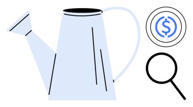 Metal sulama kutusu, daire şeklinde dolar işareti, büyüteç. Finansal büyüme, yatırım stratejisi, iş planlaması, tasarruf optimizasyonu, para yönetimi, kâr takibi basit bir daire