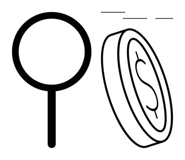Üzerinde bir dolar işareti olan uçan bozuk para dolu büyüteç mali denetimi, değer analizini ve piyasa eğilimlerini temsil ediyor. Finans, ekonomi, yatırım, vergiler, risk değerlendirmesi ve denetimler için ideal