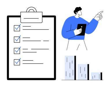 Mavi işaretli görev listesi, ilerlemeyi temsil eden grafik çubukları ve tabletle yöneten lider. Planlama, hedefler, üretkenlik, liderlik, analiz, karar verme başarısı için ideal