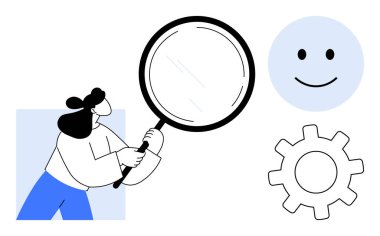 Bir kadın elinde büyüteç, gözlem aletleri ve mutlu bir yüz tutuyor. Araştırma, odaklanma, değerlendirme, keşif, detaylara dikkat, problem çözme kullanıcı deneyimi için idealdir. Basit düz metafor