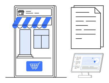 Kasa açma düğmesi olan mobil mağaza önü, monitörde analiz ve belgeler. E-ticaret, veri analizi, iş stratejisi, dijital pazarlama, girişimler, online alışveriş sade metaforu için ideal