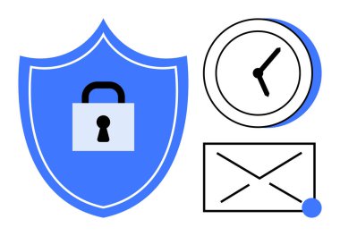 Kilitli bir kalkan, analog saat ve posta zarfı güvenlik, zaman ve iletişimi temsil ediyor. Gizlilik, siber güvenlik, zaman yönetimi, e-posta güvenlik veri şifreleme uyumluluğu için ideal