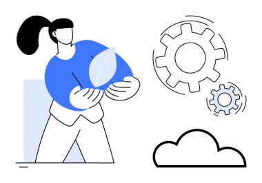 Kadın figürü bir yaprak tutuyor, sürdürülebilirliği sembolize ediyor, dişlilerle birlikte, teknoloji, bağlantı ve ekoloji için bir bulut. Yenilik, takım çalışması, yeşil enerji ve çevre dostu çözümler için ideal