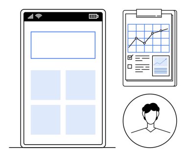 Uygulama düzenine sahip akıllı telefon ekranı, panoda analiz raporu ve kullanıcı avatarı. Veri analizi, uygulama tasarımı, teknoloji, kullanıcı arayüzü, iş verimliliği basitliği için ideal. Basit bir daire.