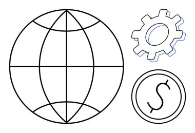 Küreselleşmeyi, yeniliği ve ekonomiyi temsil eden şebeke, vites biçimi ve dolar para özeti olan dünya. İş, teknoloji, finans, küreselleşme sanayi ekonomisi ve kalkınma için ideal