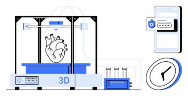 3D yazıcı bir insan kalbi, destekleyici cihazlar, zamanlayıcı ve dijital arayüz yaratıyor. Sağlık, teknoloji, yenilik, tıbbi araştırmalar, gelecekteki temalar için ideal. A