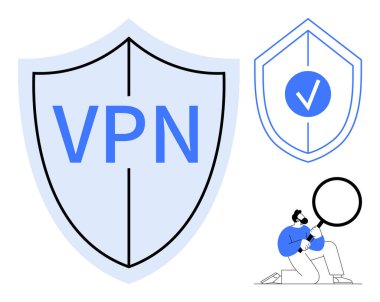 VPN etiketli büyük bir kalkan, kene izli daha küçük bir kalkan, siber güvenliği inceleyen büyüteç. Gizlilik, veri koruması, internet güvenliği, şifreleme, güvenli bilgi işlem farkındalığı için ideal. A