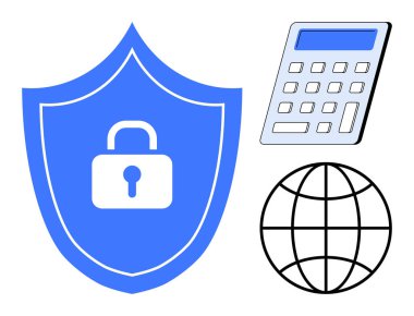 Kilitli kalkan güvenliği, finans için hesap makinesini ve küresel erişimi temsil eden küreyi temsil ediyor. Siber güvenlik, çevrimiçi finans, küresel ticaret, veri koruması, fintech çözümleri için ideal, çevrimiçi