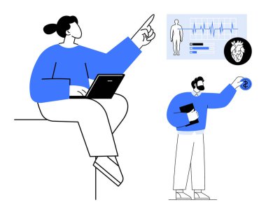 Dijital tablet, insan vücudu grafiği ve kalp grafikleri üzerinde çalışan tıp uzmanları. Teletıp, takım çalışması, yenilik, tanı, tıbbi teknoloji, iletişim için ideal