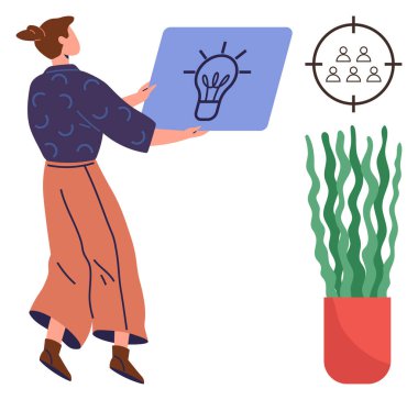 Elinde ampul ikonu olan bir tahta, grup hedef sembolü ve saksı bitkisi olan bir kadın. Yaratıcılık, beyin fırtınası, takım çalışması, yenilik, odaklanma stratejisi ve ofis kültürü için ideal. Basit düz