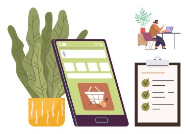 Alış veriş arabası uygulamalı akıllı telefon, işaretli listeli pano, kapalı alan bitkisi ve dizüstü bilgisayarlı uzaktan çalışan. Temalar için ideal E-ticaret, telekomünikasyon, verimlilik, görev yönetimi