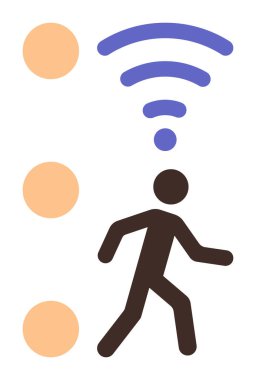 Üzerinde mavi kablosuz sinyal yayan, yürüyen siyah kişi figürü, bir sıra turuncu noktaya bağlı. Bağlantı, iletişim, hareketlilik, teknoloji, üretkenlik ve ilerleme için ideal