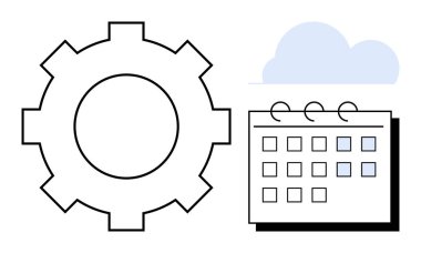 Zamanlama, verimlilik ve işbirliği kavramlarının yanında bir takvim ve bulut tasvir eder. Planlama, otomasyon, takım çalışması, strateji, zaman yönetimi, uzaktan çalışma için ideal
