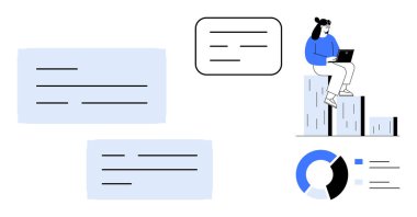 Dizüstü bilgisayarı olan biri bar çizelgelerinde oturuyor iletişim için konuşma baloncukları, analiz için pasta grafiği elemanı. Teknoloji, takım çalışması, veri sunumu, iletişim, eğitim, iş dünyası için ideal