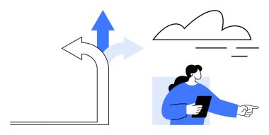 Eğimli ve düz oklar, tablet tutan ve işaret eden bir kadın, yukarıdaki bulut sembolü. Karar verme, seyrüsefer, rehberlik, gelecek planlama, fikirler, yenilik için ideal basit bir daire