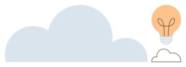Üst köşesinde turuncu ampul olan büyük bulut, altında da küçük beyaz bulut. Yenilik, beyin fırtınası, dijital çözümler, bulut hesaplama, yaratıcılık, aydınlanma ve teknoloji için idealdir. Basit.
