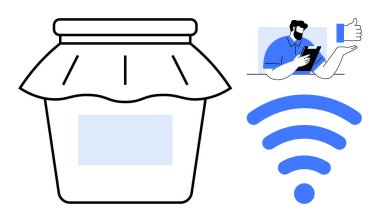 Korunmayı temsil eden reçel kavanozu, bağlantı için kablosuz sembol ve tabletteki içeriği onay işareti ile yöneten kişi. Teknoloji, internet, bağlantı, dijital etkileşim için ideal