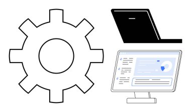 Dişliler, dizüstü bilgisayarlar ve analitik gösterge paneli olan masaüstü ekran. Teknoloji, yazılım, verimlilik, iş dünyası, yenilik otomasyon iş akışı için idealdir. Minimalist düz metafor