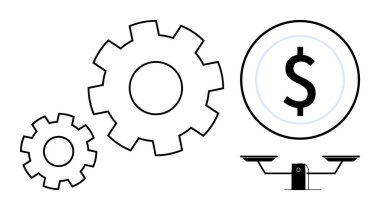 Verimliliği, maliyet verimliliğini, işletme yönetimini, ekonomik dengeyi, optimizasyonu, karar verme mekanizmasını ve endüstriyel süreci simgeleyen bir ölçekte dengeli bir dolar işareti ile birbirine bağlı vitesler.