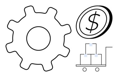 Vites çarkı, dolar sikke ve kutularla dolu tramvay üretkenlik, para ve tedarik zinciri optimizasyonu arasındaki bağlantıları vurguluyor. Konseptler için ideal iş, üretim, maliyet yönetimi