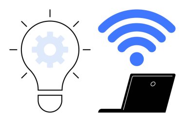 Dişli ampul, bir dizüstü bilgisayar ve teknoloji ve dijital gelişimin kablosuz sembolü ile eşleştirilmiş yenilik ve fikirleri temsil ediyor. Yaratıcılık, teknoloji, internet, yenilik ve eğitim için ideal