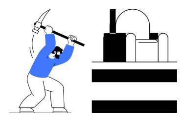 Elinde kazma olan bir işçi bir binaya saldırıyor. Çalışma, inşaat, çaba, iş gücü, kararlılık, manuel ticaret ve güç için ideal. Minimalist siyah-mavi düz metafor